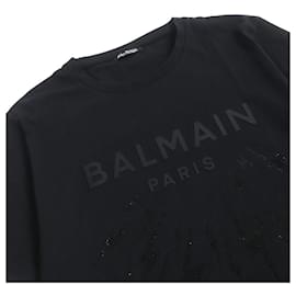 Balmain-Balmain Rhinestone Silver Metal Cotton T-Shirt M-Black