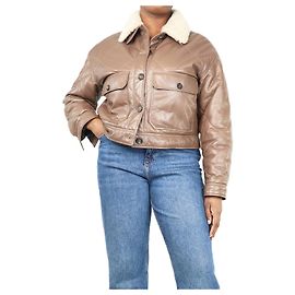 Brunello Cucinelli Braune Lederjacke mit Schafslederbesatz - Größe UK 16 Braun