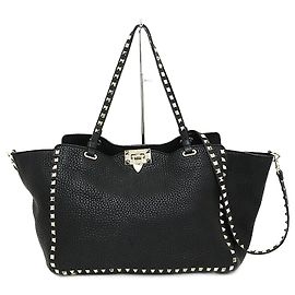 Borsa tote in pelle grana Valentino Rockstud Nero