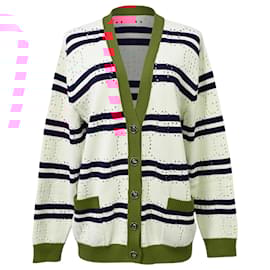 Gucci- Gucci Love Parade Pointelle-Knit Striped Button-Down Cardigan in Cream Cotton-White,Cream
