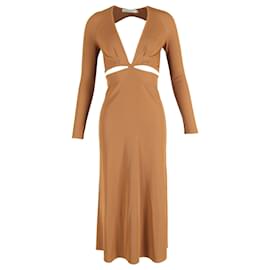 Autre Marque- Christopher Esber Midi Cutout Ribbed Long Sleeve Dress in Brown Polyester-Brown