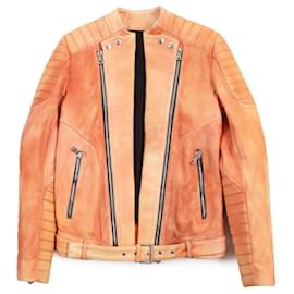 Balmain-Balmain Lamb Leather Biker Jacket Orange 44-Orange