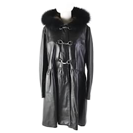 Balmain-Balmain Lamb Leather Fur Hooded A-Line Coat-Black