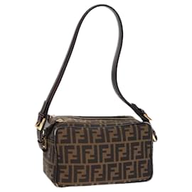 Fendi-FENDI Zucca Canvas Shoulder Bag Brown Black gold Auth 91227-Brown,Black,Golden