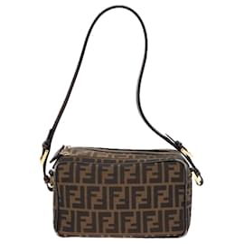Fendi-FENDI Zucca Canvas Shoulder Bag Brown Black gold Auth 91227-Brown,Black,Golden