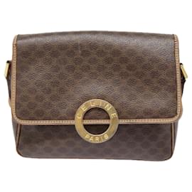 Céline-CELINE Macadam Canvas Circle Shoulder Bag PVC Leather Brown Gold Auth 92512-Brown,Golden