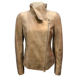 Akris Bronze Metallic Moto Zip Lambskin Leather Jacket Metallic