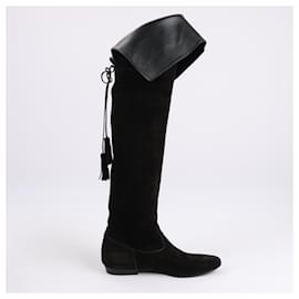 Céline-Celine Chat Botté Over-The-Knee Flat Boot in Suede Calfskin in Size 38 RM0220-Black
