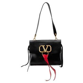 Borsa in pelle con nastro V Logo Valentino Nero