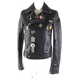 Yves Saint Laurent Veste en cuir Saint Laurent, badge multi-épingle, noir Noir