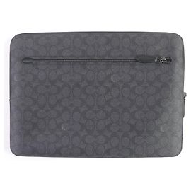 COACH Estojo para laptop com zíper em couro Cinza
