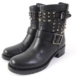 Valentino Leather Rockstud Short Boots Black 37 Black