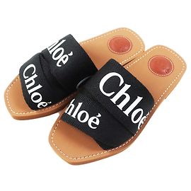 Chloé WOODY Mules Piani Sandali Nero Marrone Altro