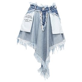 UNRAVEL PROJECT Chaos inside out distressed printed denim skirt Blue