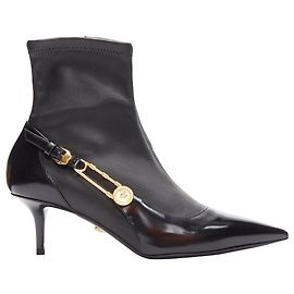 Versace Medusa Punk Safety Pin leather kitten heel bootie Black