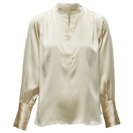 NILI LOTAN Seidenbluse in Champagner mit plissierten Schulternähten und V-Ausschnitt Weiß Roh