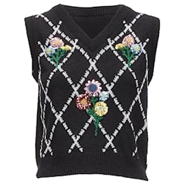 Gucci-Gucci silver diamong argyle floral embellished sweater vest-Black