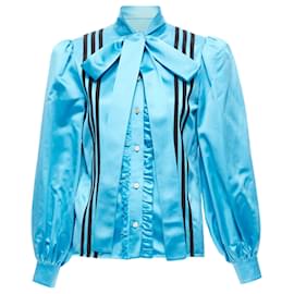 Gucci-Gucci ADIDAS silk stripe bow Victorian puff sleeve blouse-Blue
