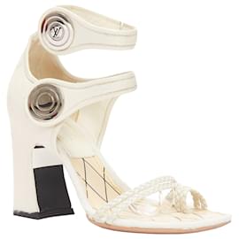 Louis Vuitton-Louis Vuitton Anaconda calf hair silver button braided chunky heel-White