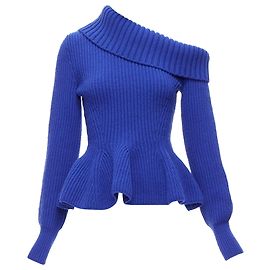 Suéter peplum de lã e cashmere cobalto com ombros à mostra Alexander McQueen Azul