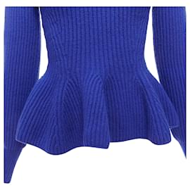 Alexander Mcqueen-Alexander McQueen cobalt wool cashmere off shoulder peplum ribbed sweater-Blue