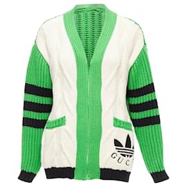 Gucci-Gucci ADIDAS logo pocket varsity cable knit cardigan coat-Green