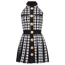 Balmain houndstooth lion button halter mini dress Black