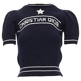 Dior-Christian Dior cashmere puff sleeve crew crop sweater-Blue,Navy blue