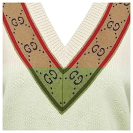 Gucci-Gucci wool GG monogram V-neck varsity sweater-White,Cream