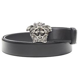 Versace La Medusa ruthenium silver buckle leather belt Black