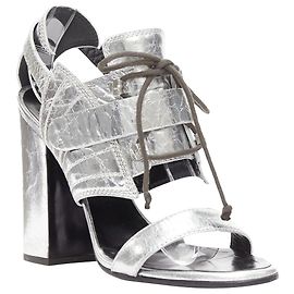 Proenza Schouler crinkled metallic silver leather laced block heel sandal Silvery Metallic