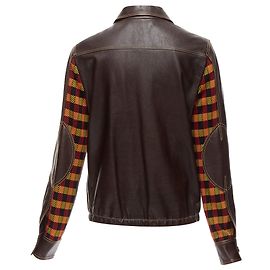 Marni lambskin leather overstitching plaid lined zip jacket Brown