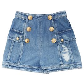 Shorts cargo taille haute en denim déchiré avec boutons Balmain Bleu