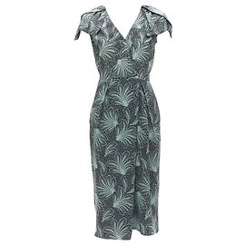 Vestido midi com mangas em pétalas estampado com folhas Dries Van Noten Verde