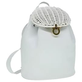 Salvatore Ferragamo-Salvatore Ferragamo Backpack Leather Wicker White Gold Auth 89808-White,Golden