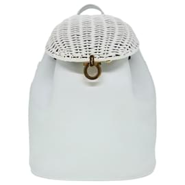 Salvatore Ferragamo-Salvatore Ferragamo Backpack Leather Wicker White Gold Auth 89808-White,Golden