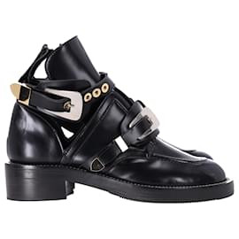 Balenciaga-Balenciaga Ceinture Buckled Motor Boots in Black Calfskin Leather-Black