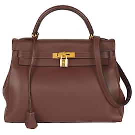Hermès-Sac à main Hermes Kelly 32 en cuir Togo marron-Marron