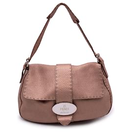 Fendi-Selleria Pink Rose Metallic Leather Flap Shoulder Bag-Pink