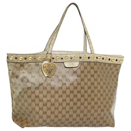 Gucci-GUCCI GG Crystal Tote Bag Coated Canvas Beige White Silver 207292 Auth 92409-Silvery,White,Beige