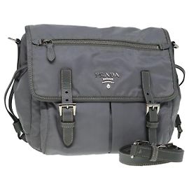 PRADA Shoulder Bag Nylon Gray Silver Auth 89792 Brown Silvery