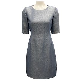 Akris Kurzarm-Seidenjacquardkleid in Blau / Silbermetallic Metallisch