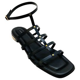 Casadei Black Leather Flat Gladiator Sandals with Crystal Heel Black