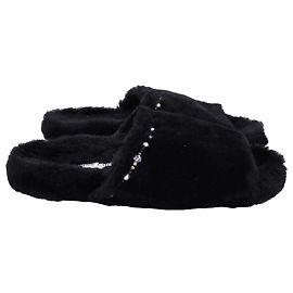 Jimmy Choo Acinda Shearling Crystal-Trimmed Slides in Black Nylon Black