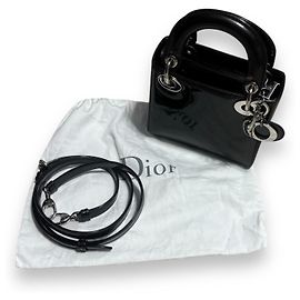 Christian Dior Bolsa Mini Lady Dior Preta Envernizada Preto Cinza antracite