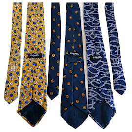 Chanel-3 vintage Chanel ties-White,Multiple colors,Yellow,Navy blue