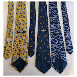 Chanel-3 vintage Chanel ties-White,Multiple colors,Yellow,Navy blue