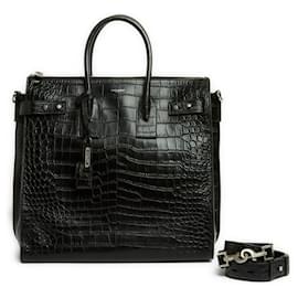 Saint Laurent-Saint Laurent Sac de Jour North/South Black Crocodile embossed Leather Bag Strap-Black
