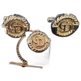 Gemelli e spilla per cravata Christian Dior logo rotondo dorato D'oro