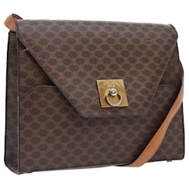 Céline-CELINE Macadam Canvas Shoulder Bag PVC Leather Brown Gold Auth 89825-Brown,Golden